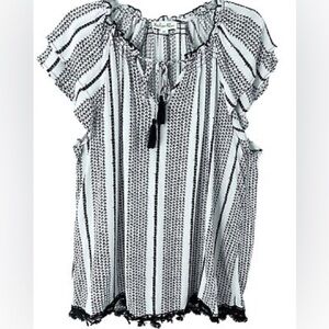 Indigo Rose white & black striped flowy blouse w/black‎ tassels Sz-2X B7